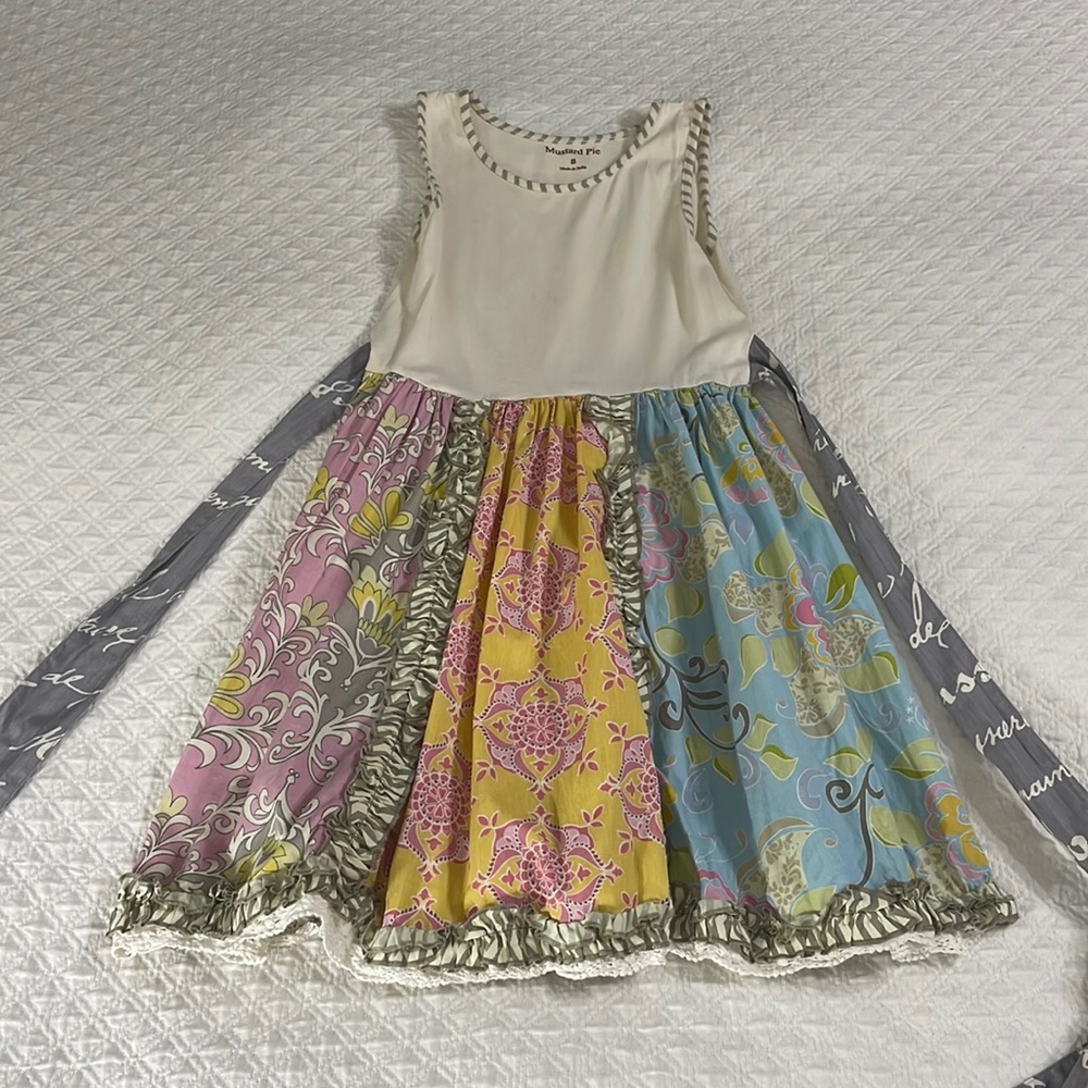 Mustard pie girls boutique twirl dress sz 8 floral ruffle pink grey blue ivory